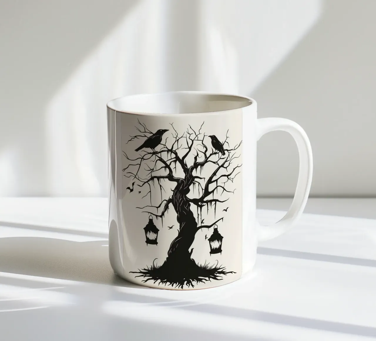 Albero mistico con corvi e lanterne tazza in ceramica da pixelbull - medieval art and more