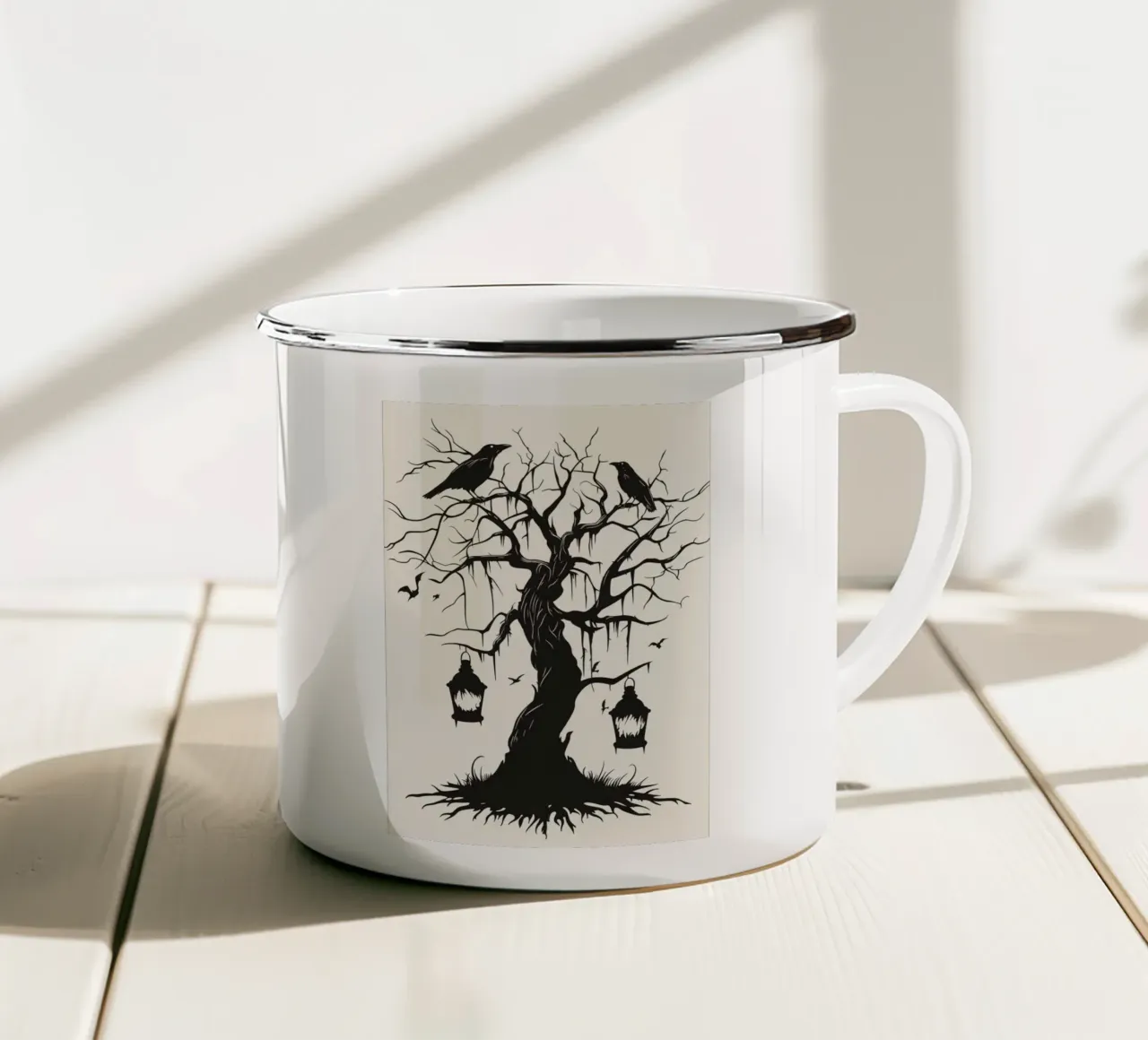 Albero mistico con corvi e lanterne tazza in smalto da pixelbull - medieval art and more