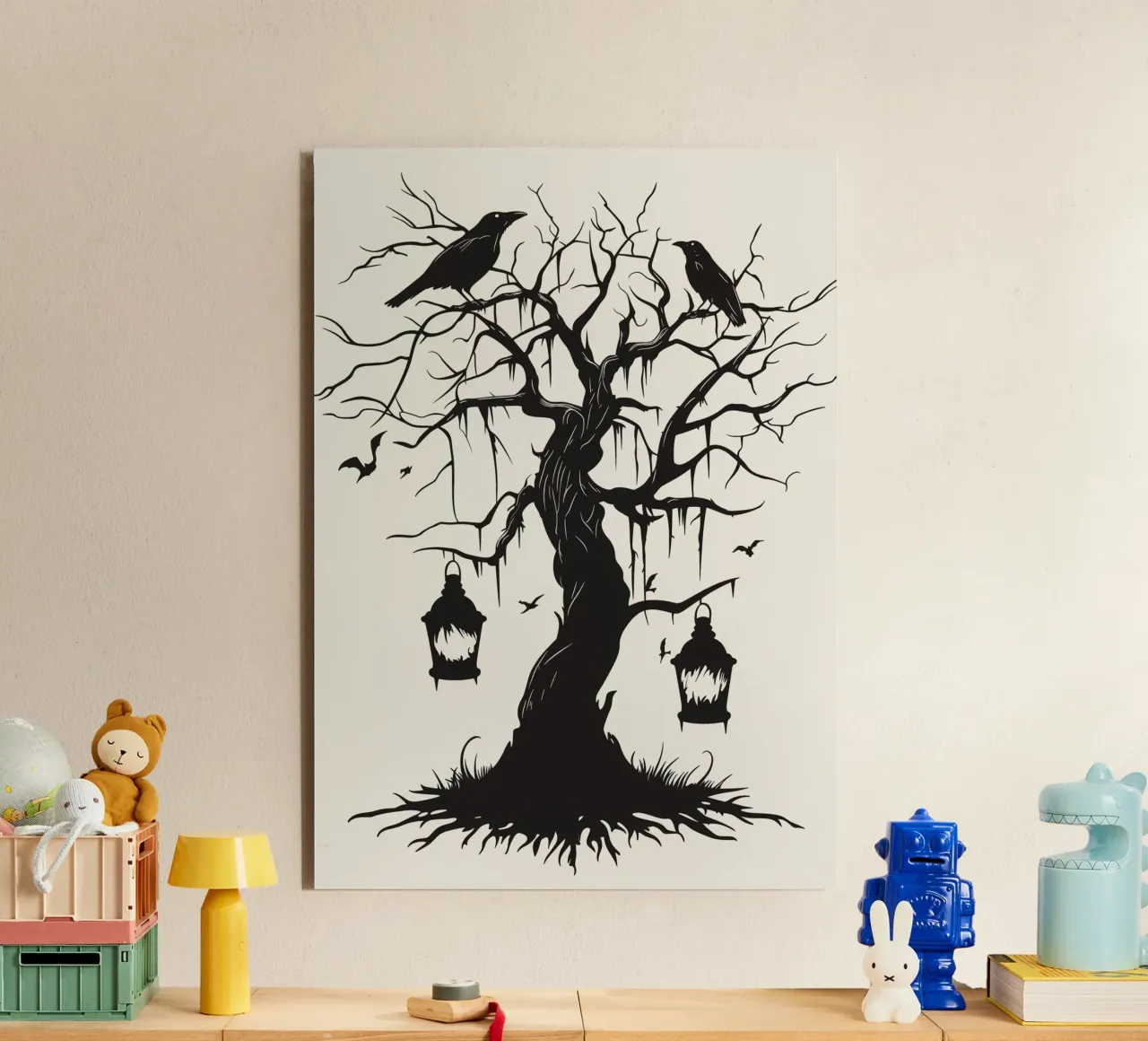 Albero mistico con corvi e lanterne alluminio dibond da pixelbull - medieval art and more
