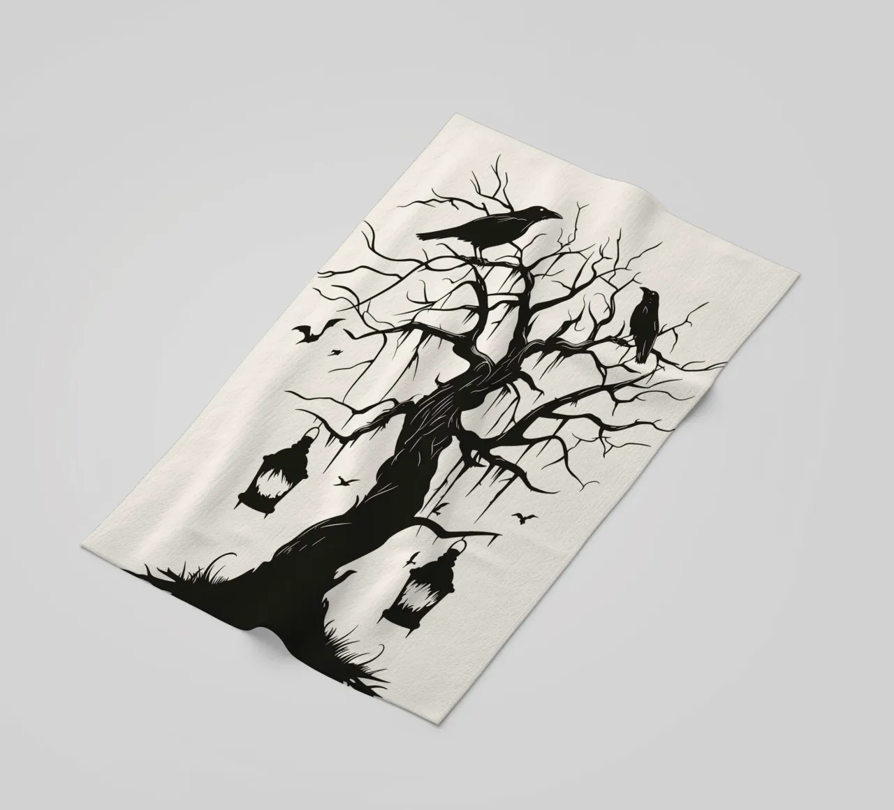 Albero mistico con corvi e lanterne telo mare da pixelbull - medieval art and more