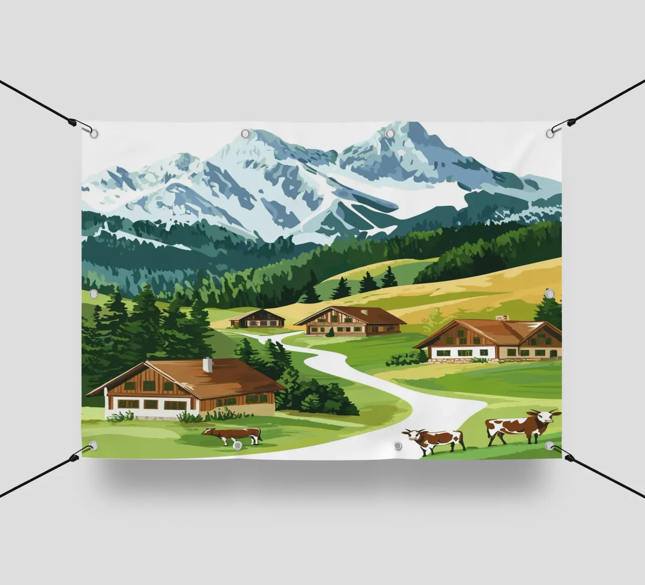 Idillio alpino con cascine e mucche telo in pvc da pixelbull - medieval art and more
