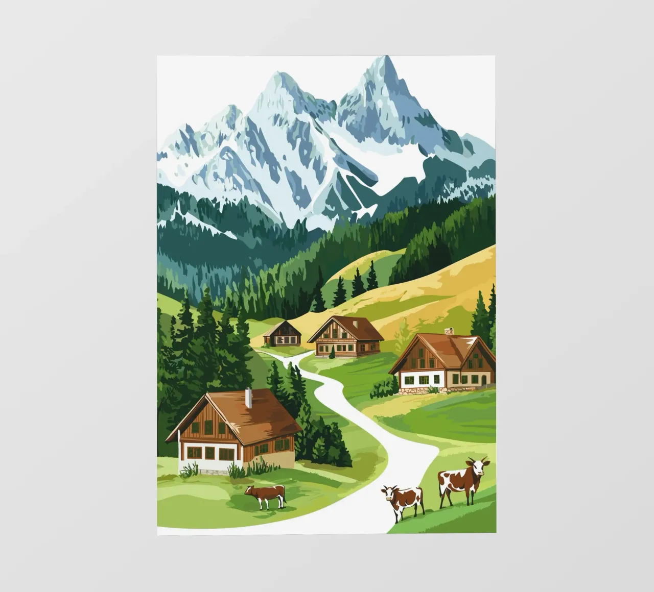 Idillio alpino con cascine e mucche telo in pvc da pixelbull - medieval art and more