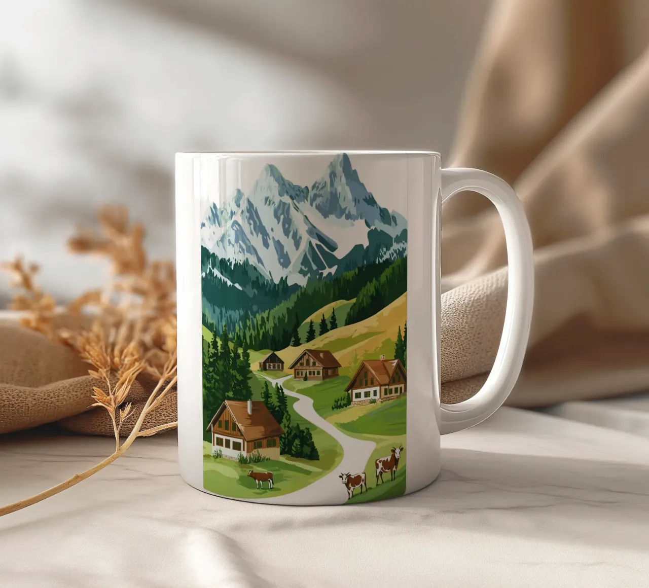 Idillio alpino con cascine e mucche tazza in ceramica da pixelbull - medieval art and more