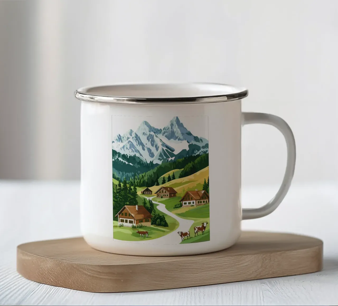Idillio alpino con cascine e mucche tazza in smalto da pixelbull - medieval art and more