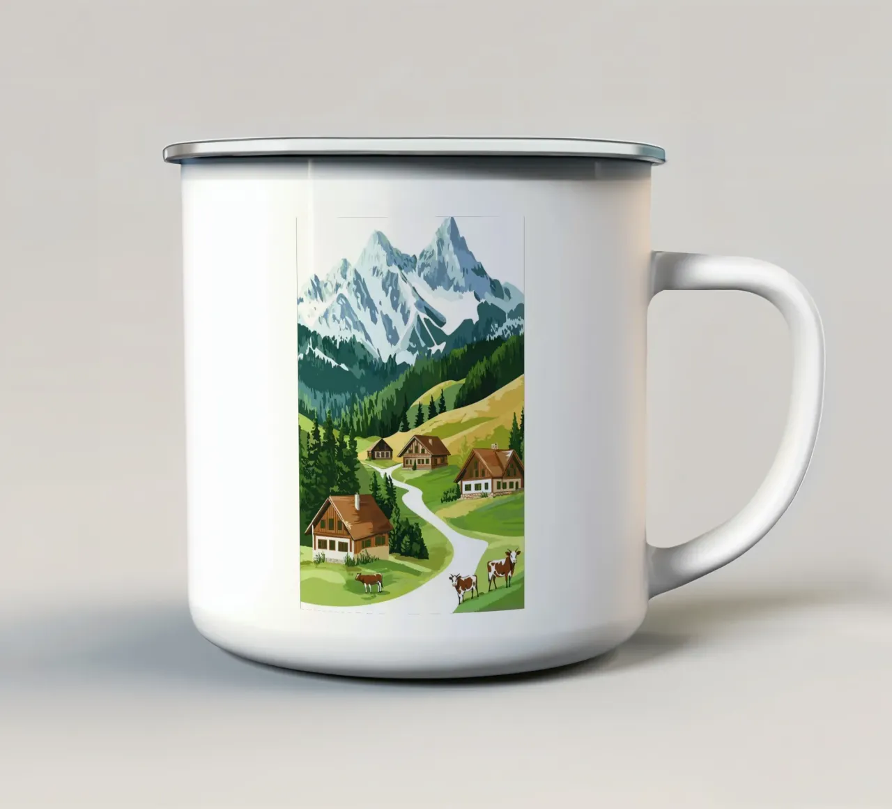 Idillio alpino con cascine e mucche tazza in smalto da pixelbull - medieval art and more