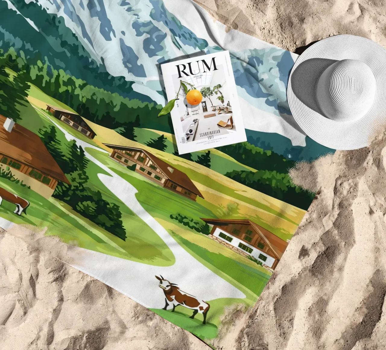 Idillio alpino con cascine e mucche telo mare da pixelbull - medieval art and more