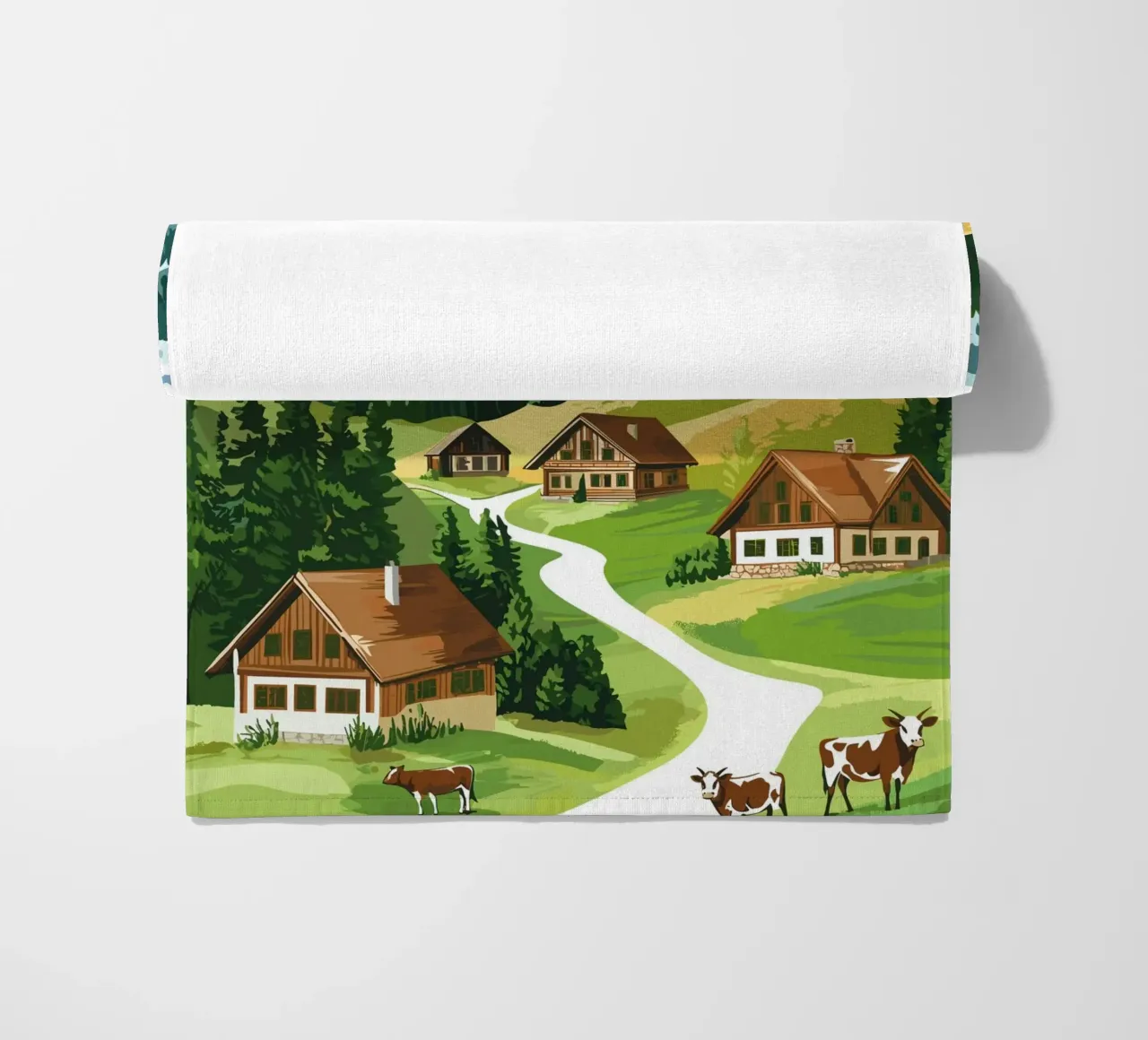Idillio alpino con cascine e mucche telo mare da pixelbull - medieval art and more