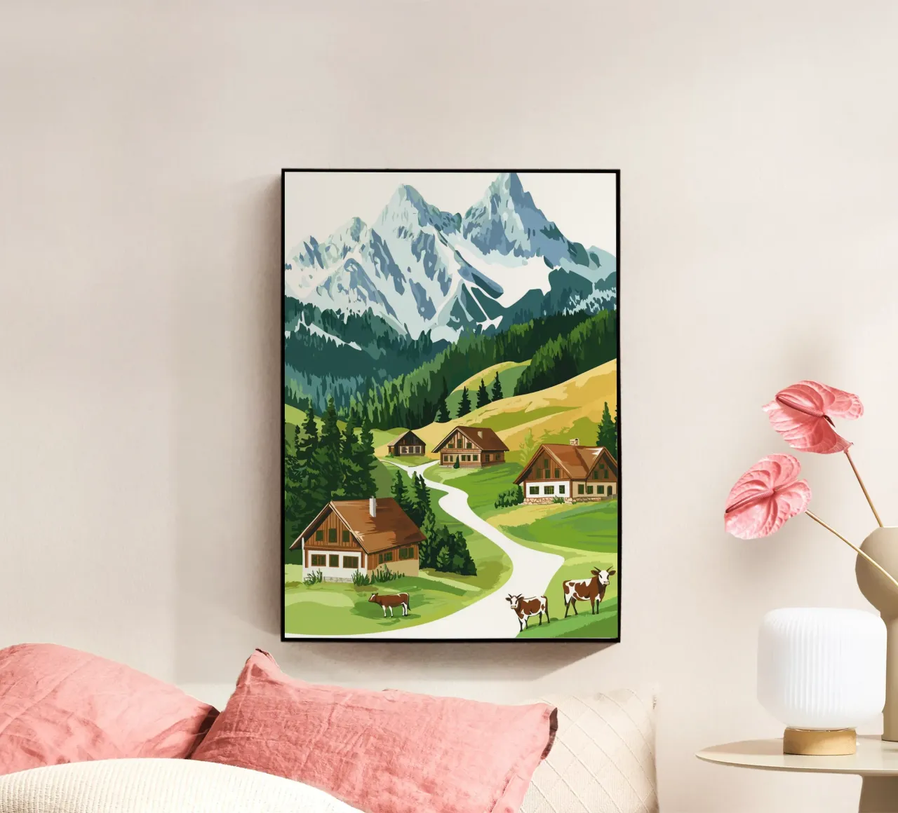 Idillio alpino con cascine e mucche plexiglass da pixelbull - medieval art and more