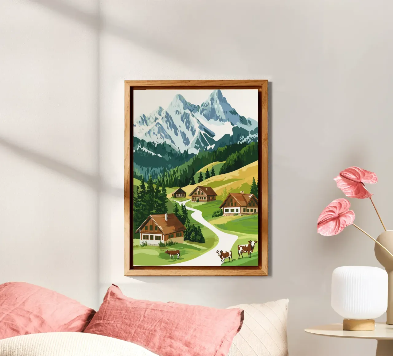 Idillio alpino con cascine e mucche alluminio dibond da pixelbull - medieval art and more