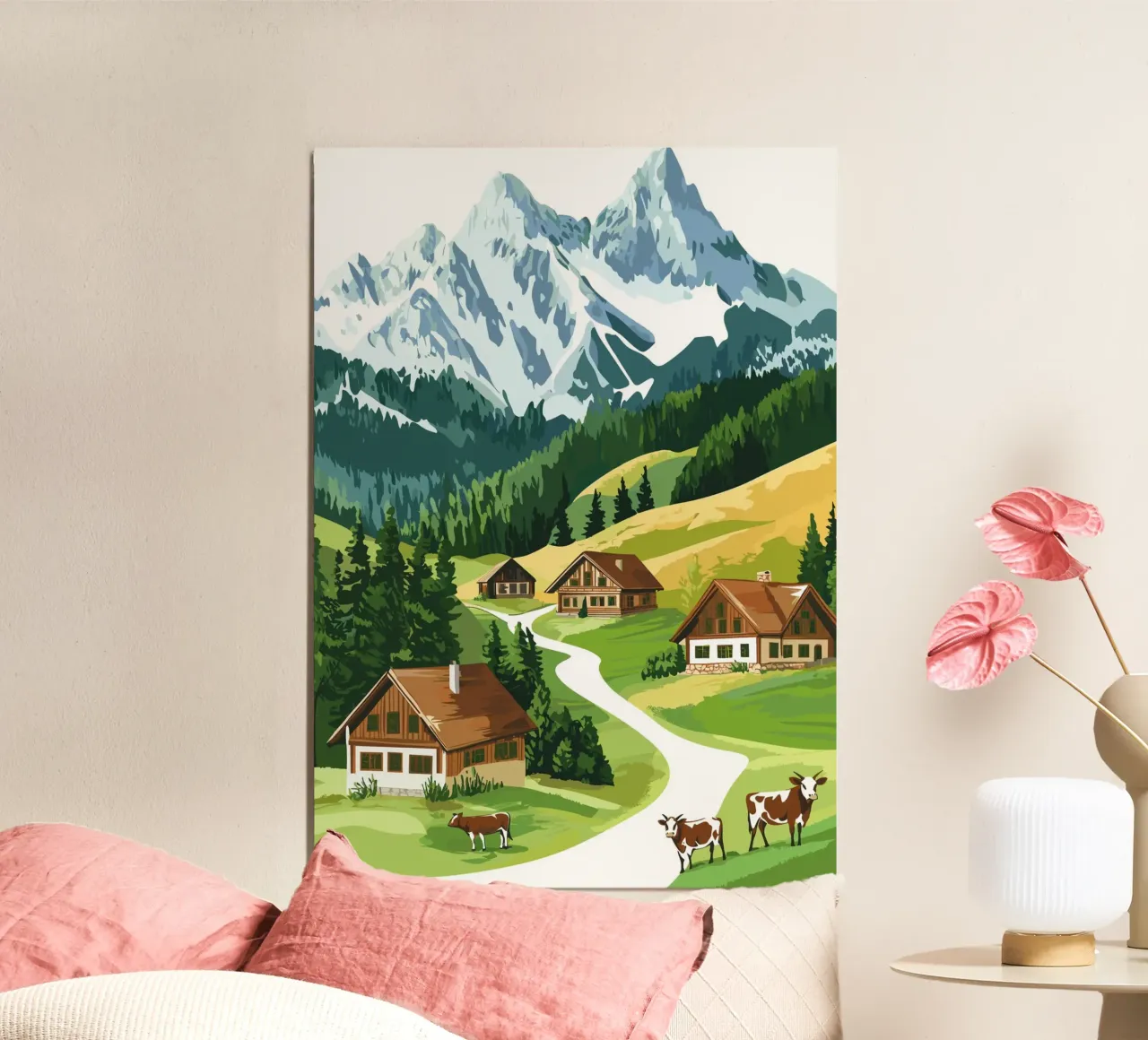 Idillio alpino con cascine e mucche alluminio dibond da pixelbull - medieval art and more