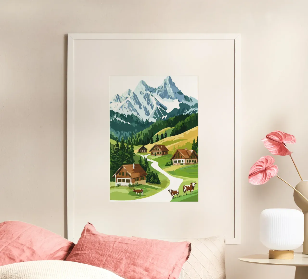 Idillio alpino con cascine e mucche carta hahnemühle da pixelbull - medieval art and more