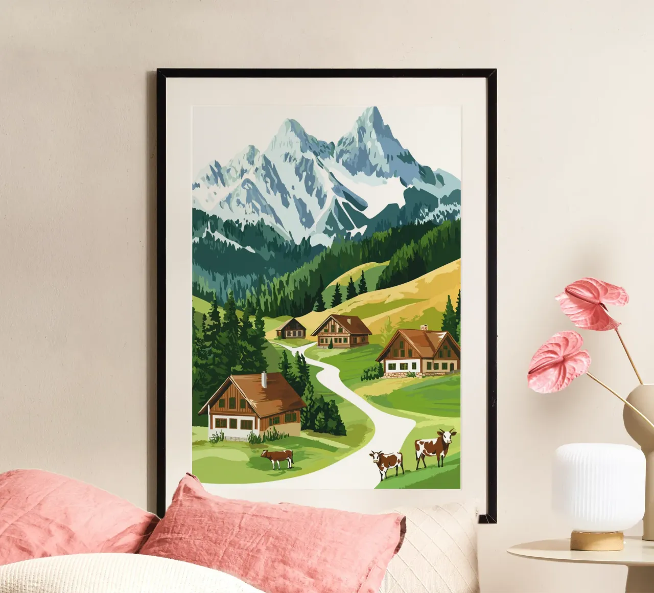 Idillio alpino con cascine e mucche carta hahnemühle da pixelbull - medieval art and more
