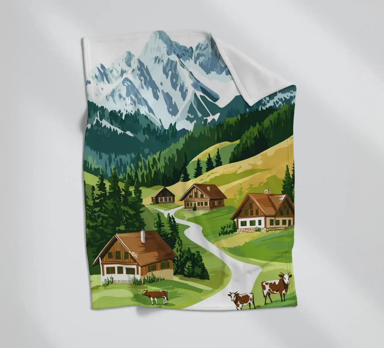 Idillio alpino con cascine e mucche coperta in pile da pixelbull - medieval art and more
