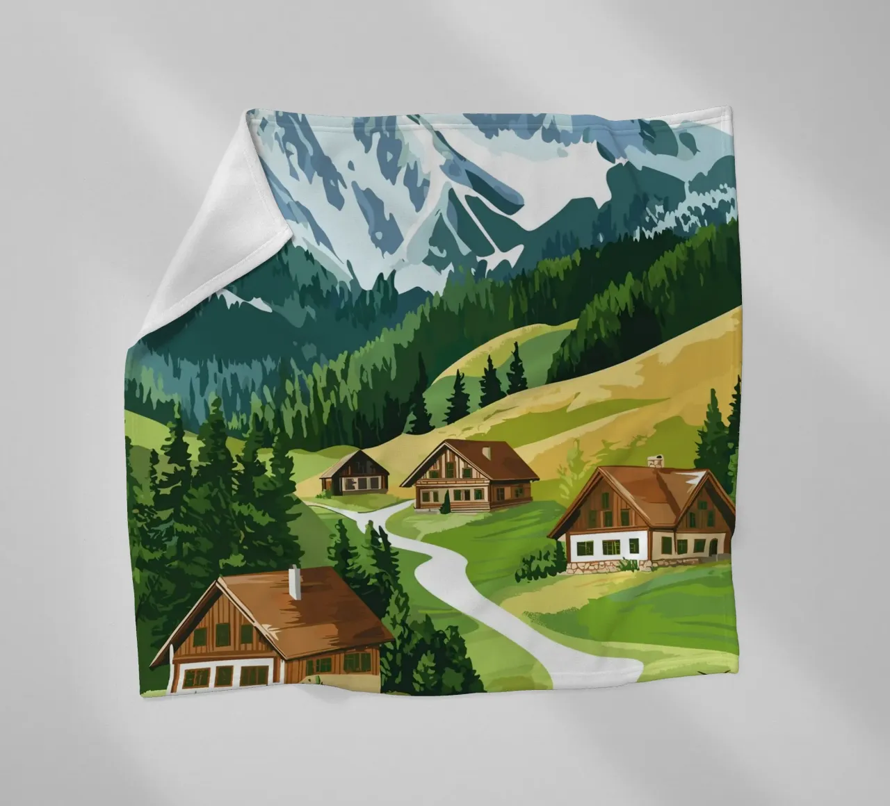 Idillio alpino con cascine e mucche coperta in pile da pixelbull - medieval art and more