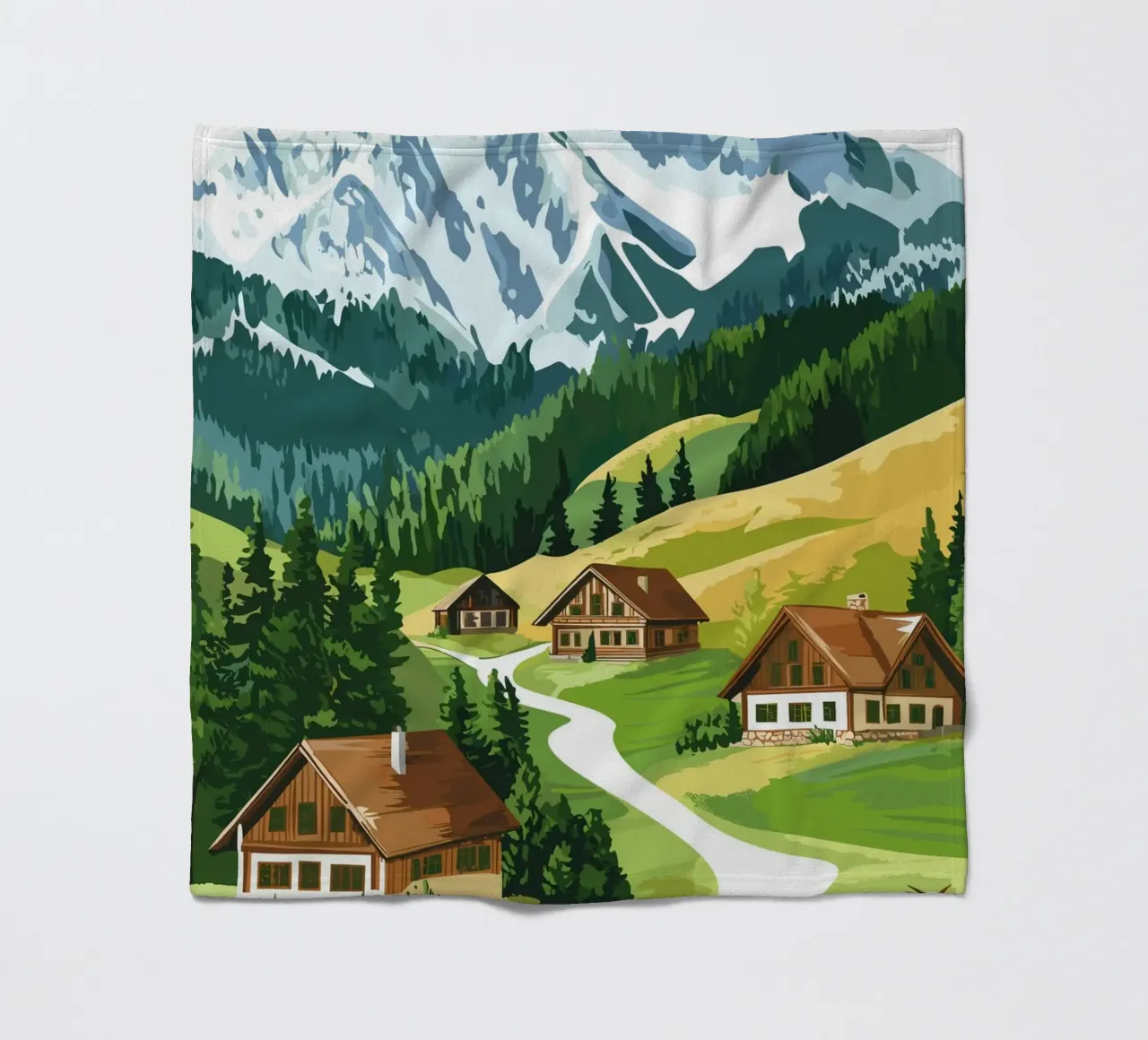 Idillio alpino con cascine e mucche coperta in pile da pixelbull - medieval art and more