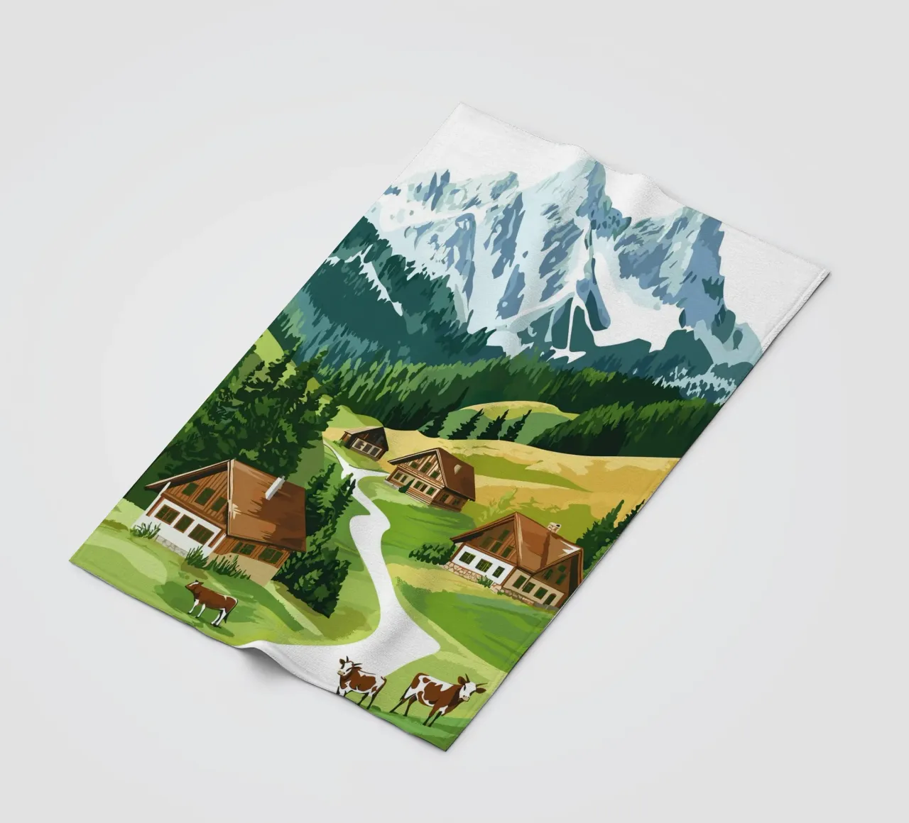 Idillio alpino con cascine e mucche coperta in pile da pixelbull - medieval art and more