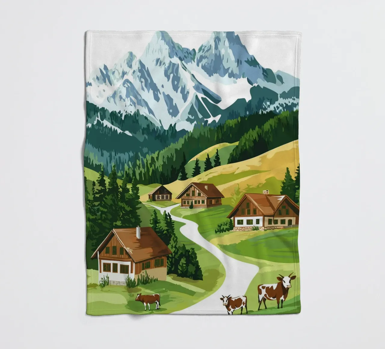 Idillio alpino con cascine e mucche coperta in pile da pixelbull - medieval art and more