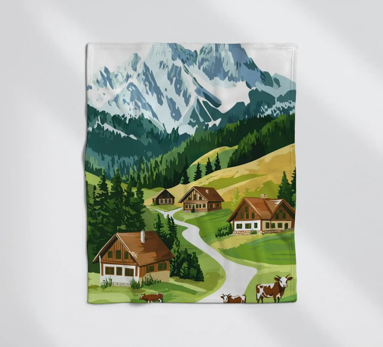 Idillio alpino con cascine e mucche coperta in pile da pixelbull - medieval art and more