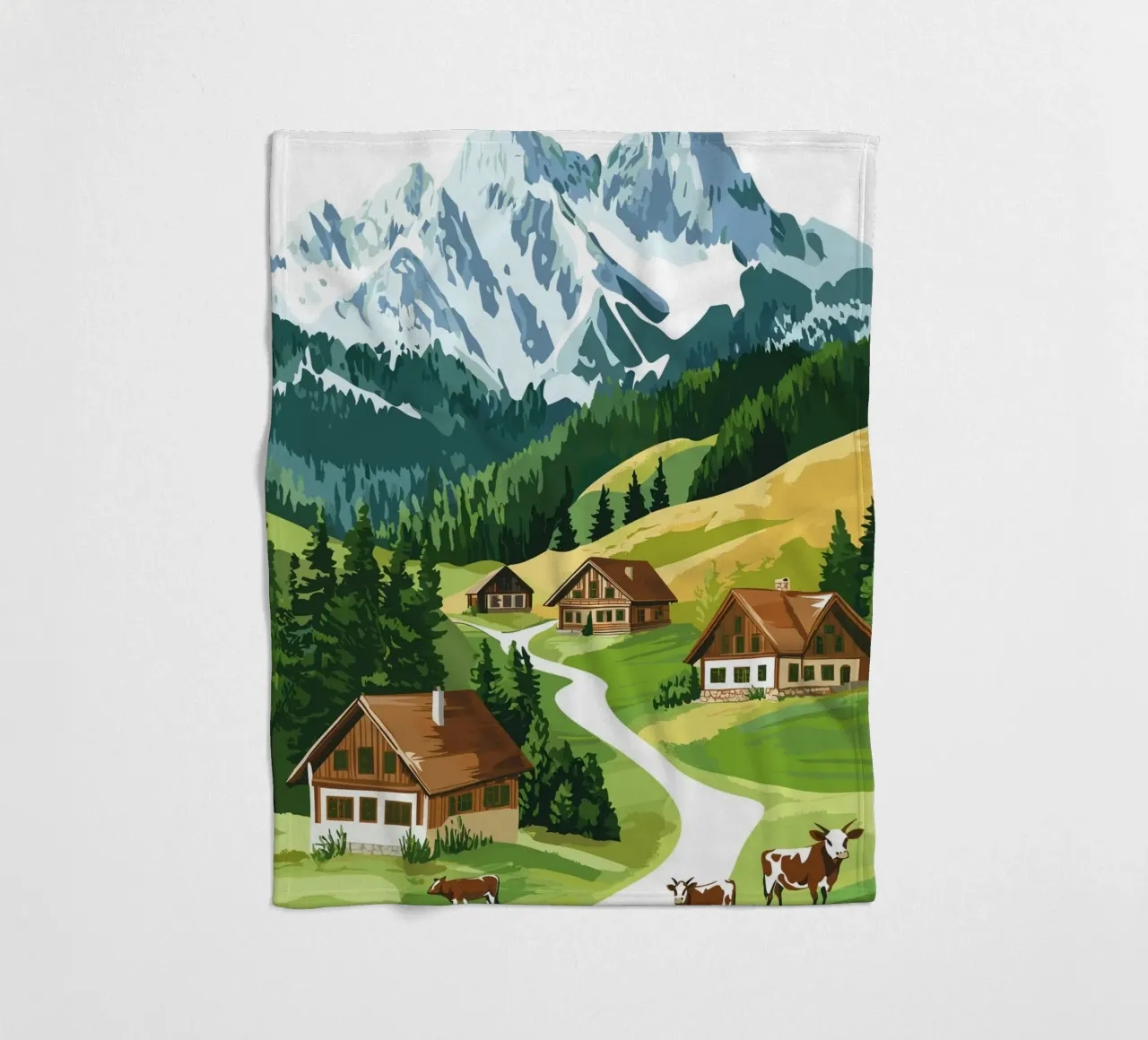 Idillio alpino con cascine e mucche coperta in pile da pixelbull - medieval art and more