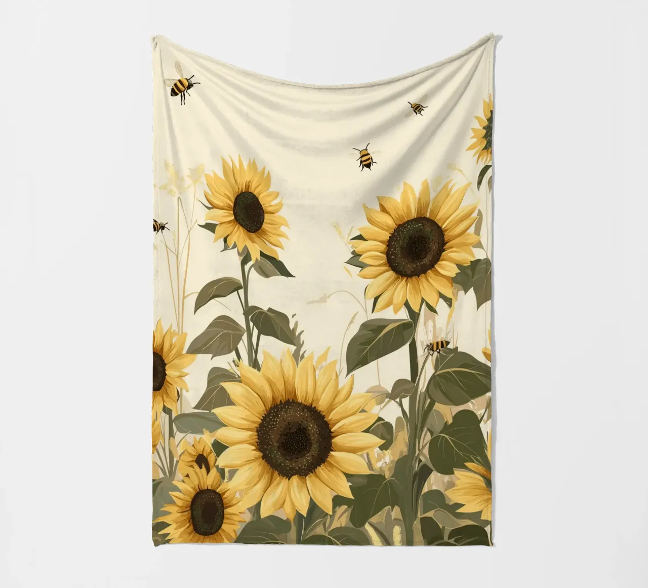 Campo di girasoli con api in volo coperta in pile da pixelbull - medieval art and more