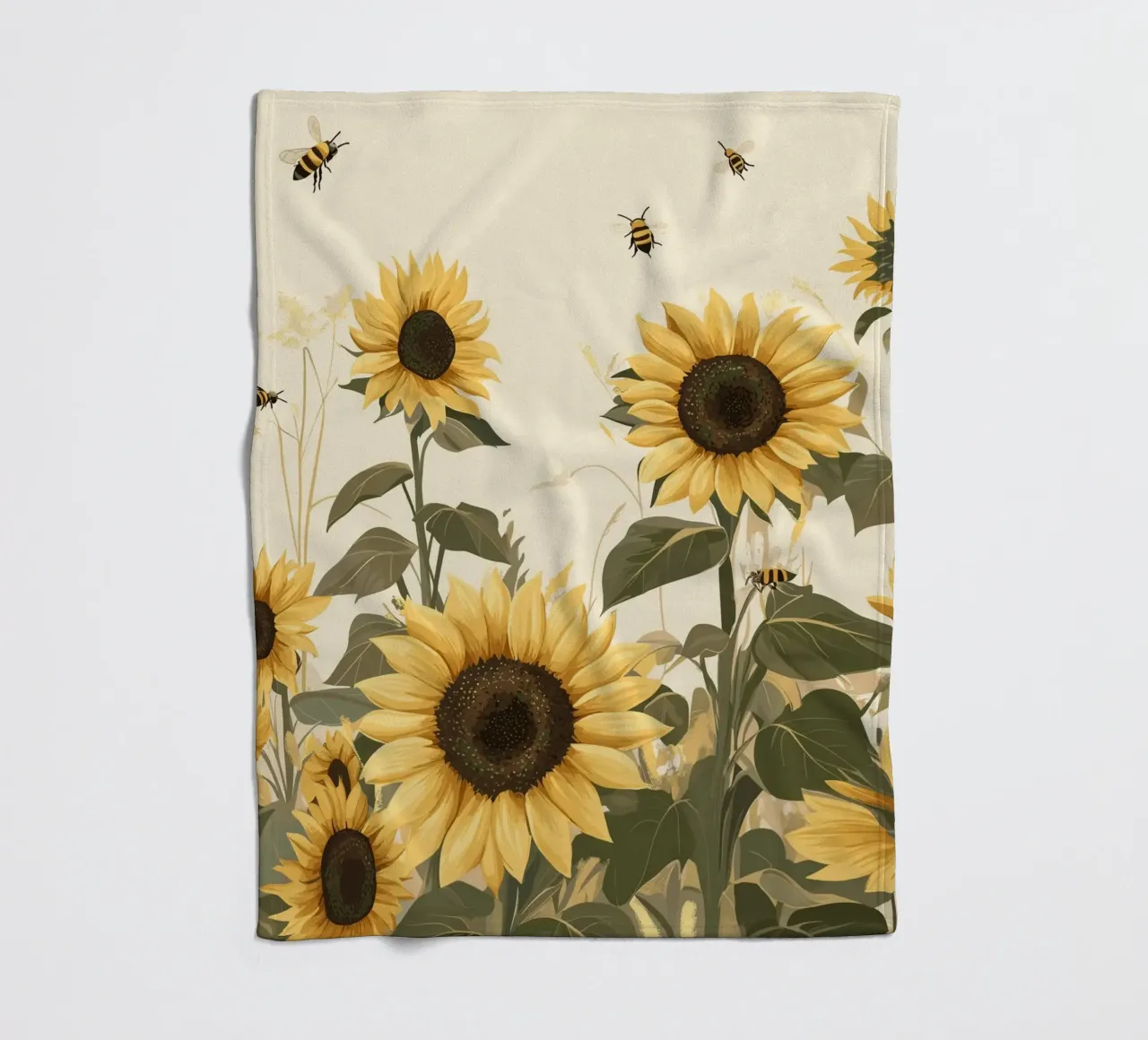 Campo di girasoli con api in volo coperta in pile da pixelbull - medieval art and more