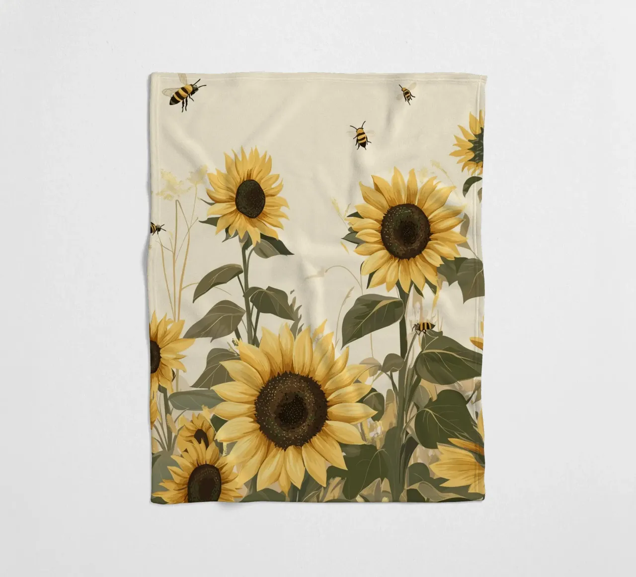 Campo di girasoli con api in volo coperta in pile da pixelbull - medieval art and more