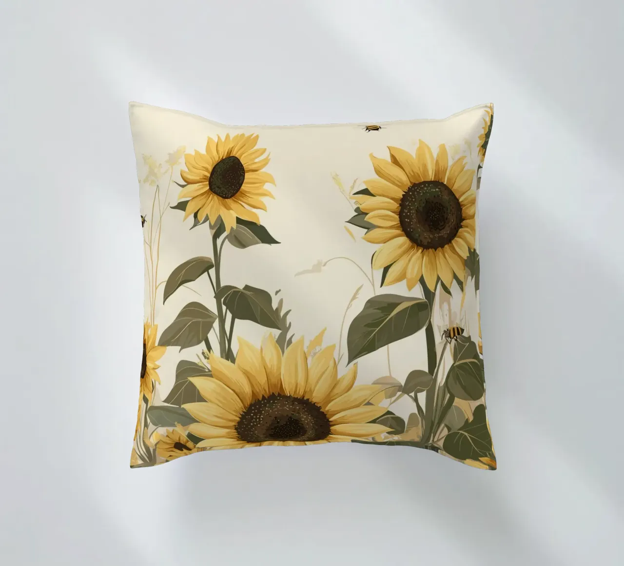 Campo di girasoli con api in volo cuscino da pixelbull - medieval art and more