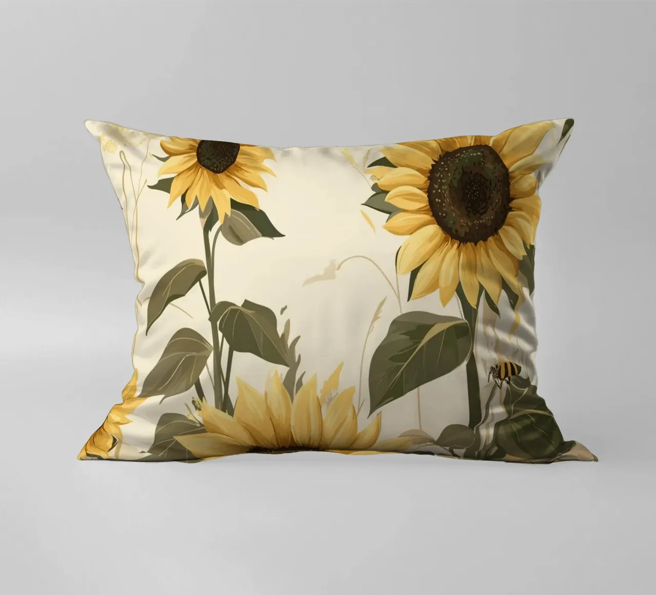 Campo di girasoli con api in volo cuscino da pixelbull - medieval art and more