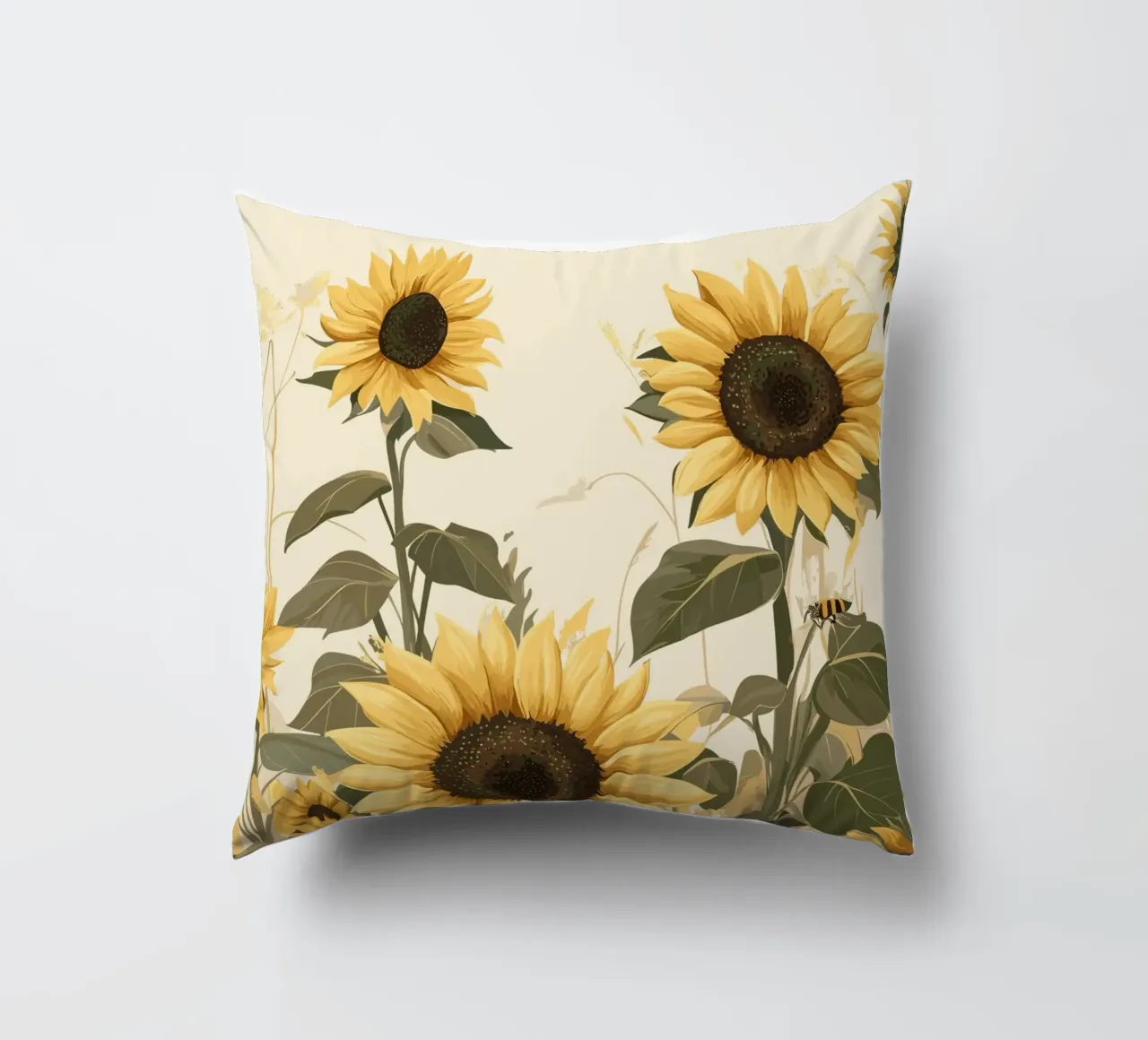 Campo di girasoli con api in volo cuscino da pixelbull - medieval art and more