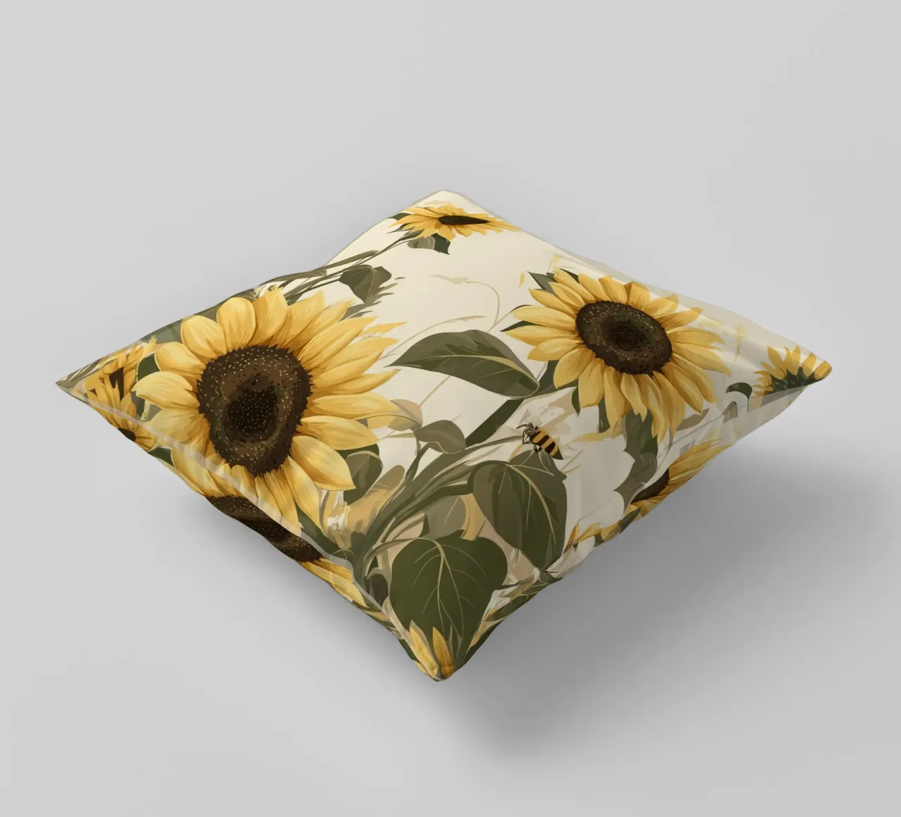 Campo di girasoli con api in volo cuscino da pixelbull - medieval art and more