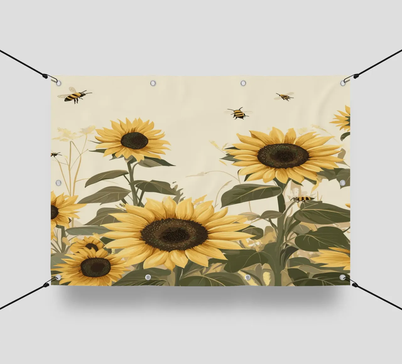 Campo di girasoli con api in volo telo in pvc da pixelbull - medieval art and more