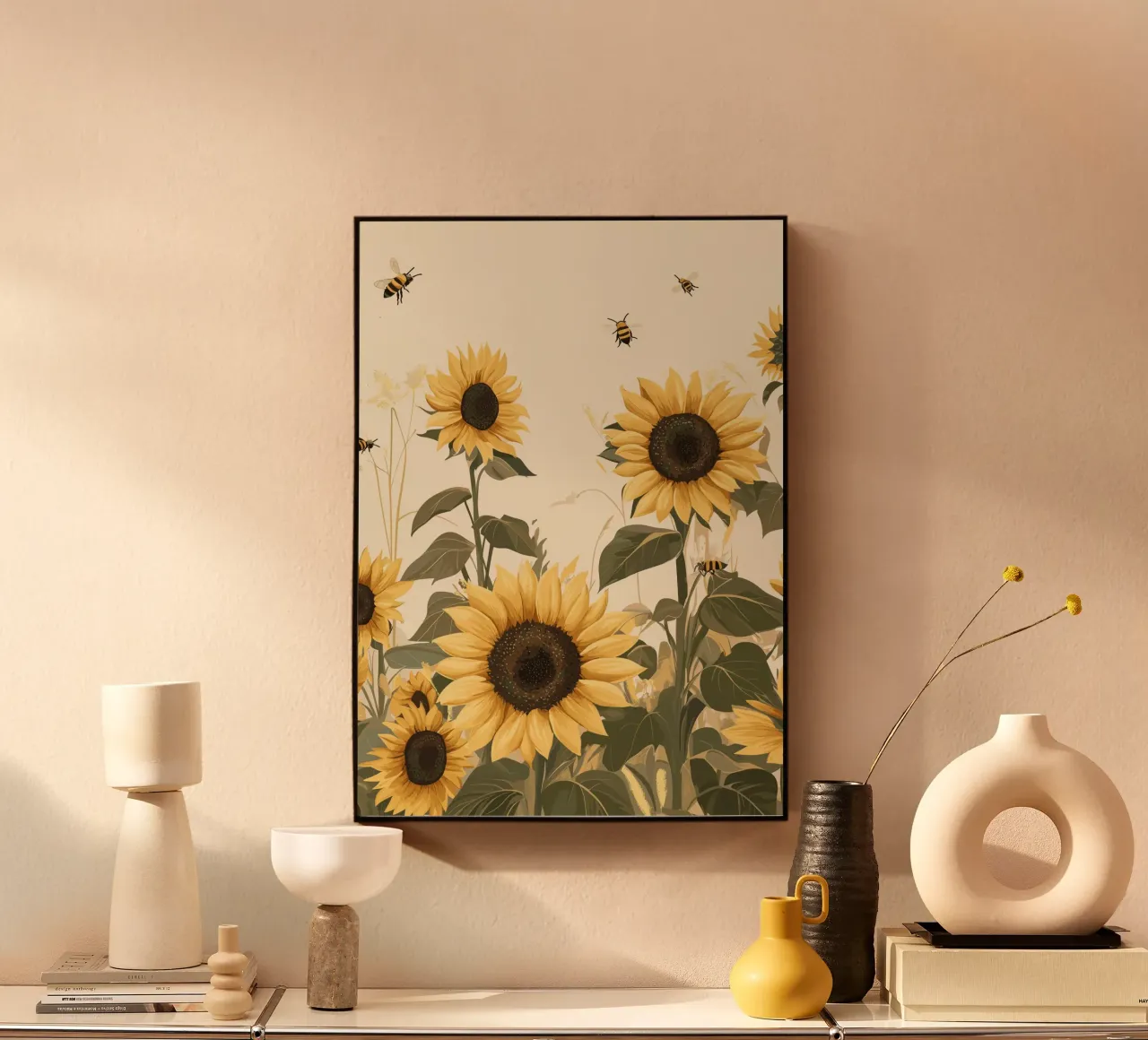 Campo di girasoli con api in volo plexiglass da pixelbull - medieval art and more