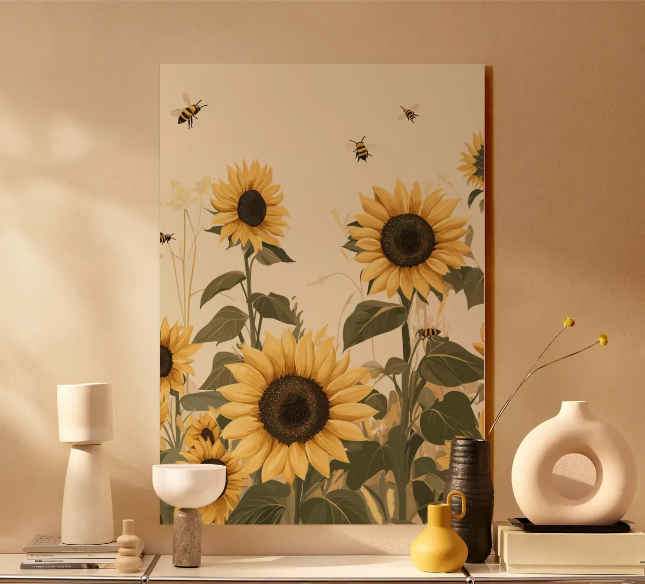 Campo di girasoli con api in volo plexiglass da pixelbull - medieval art and more