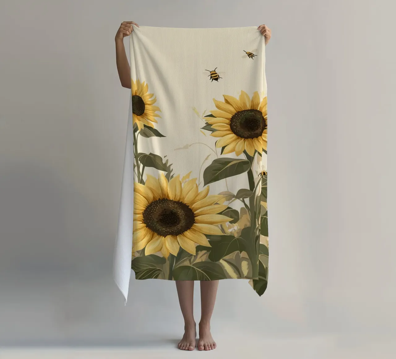 Campo di girasoli con api in volo telo mare da pixelbull - medieval art and more