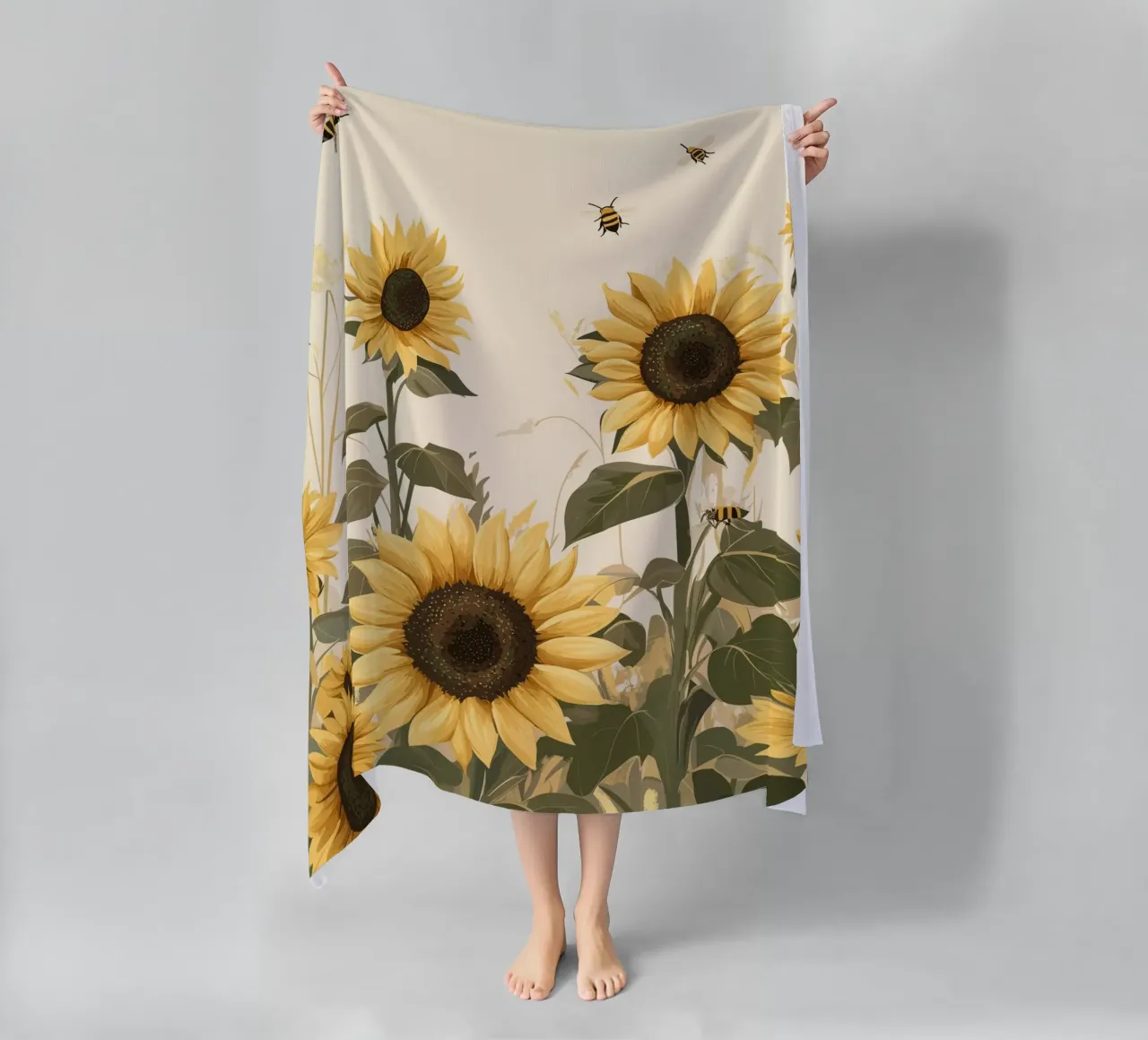 Campo di girasoli con api in volo telo mare da pixelbull - medieval art and more