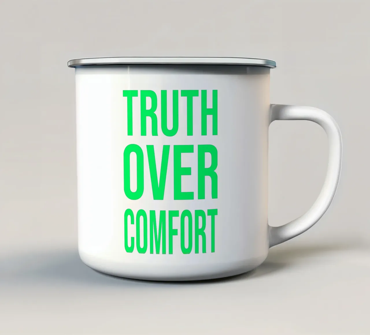 OVER series- bold letters, brave values (5 colors) emaille mok van FRICKE DESIGN