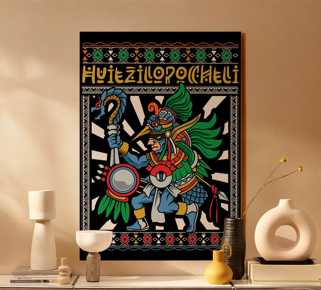 Huitzilopochtli - Dio della guerra con corona di piume alluminio dibond da pixelbull - medieval art and more