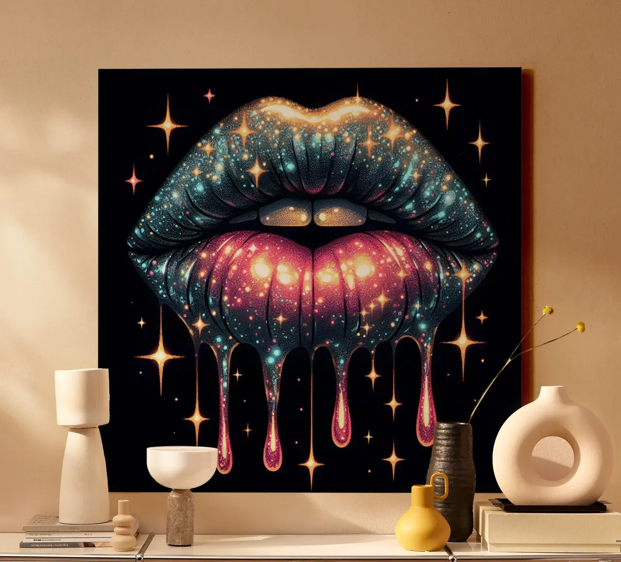 DRUIPENDE LIPPEN canvas met Baklijst van ARTOMATIC