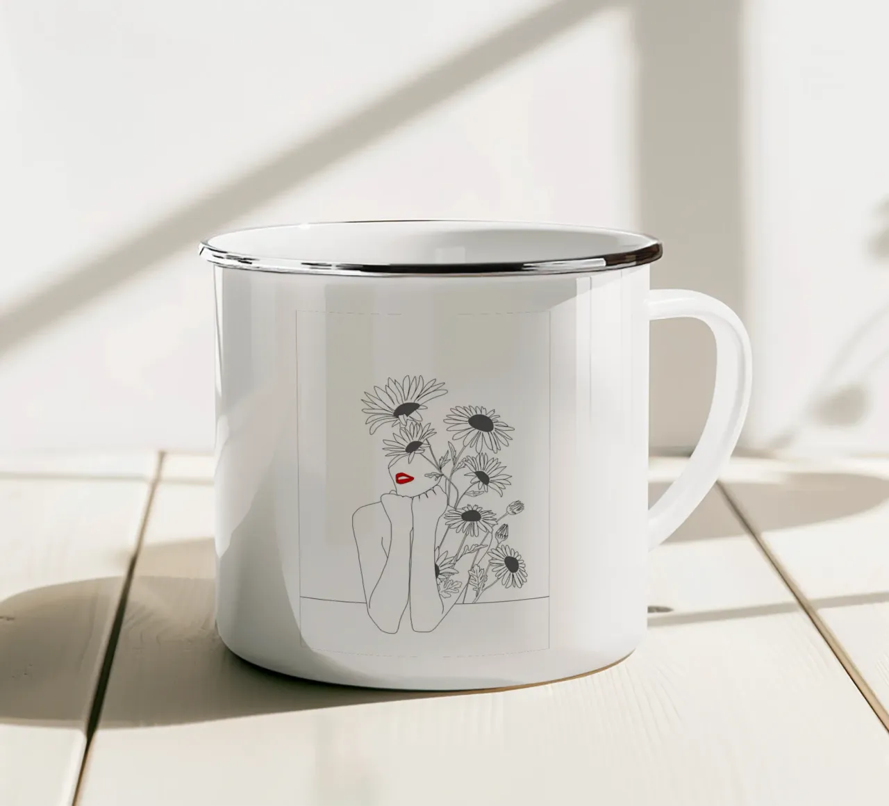 Minimal Line Art Girl with Sunflowers tazza in smalto da Nadjaa