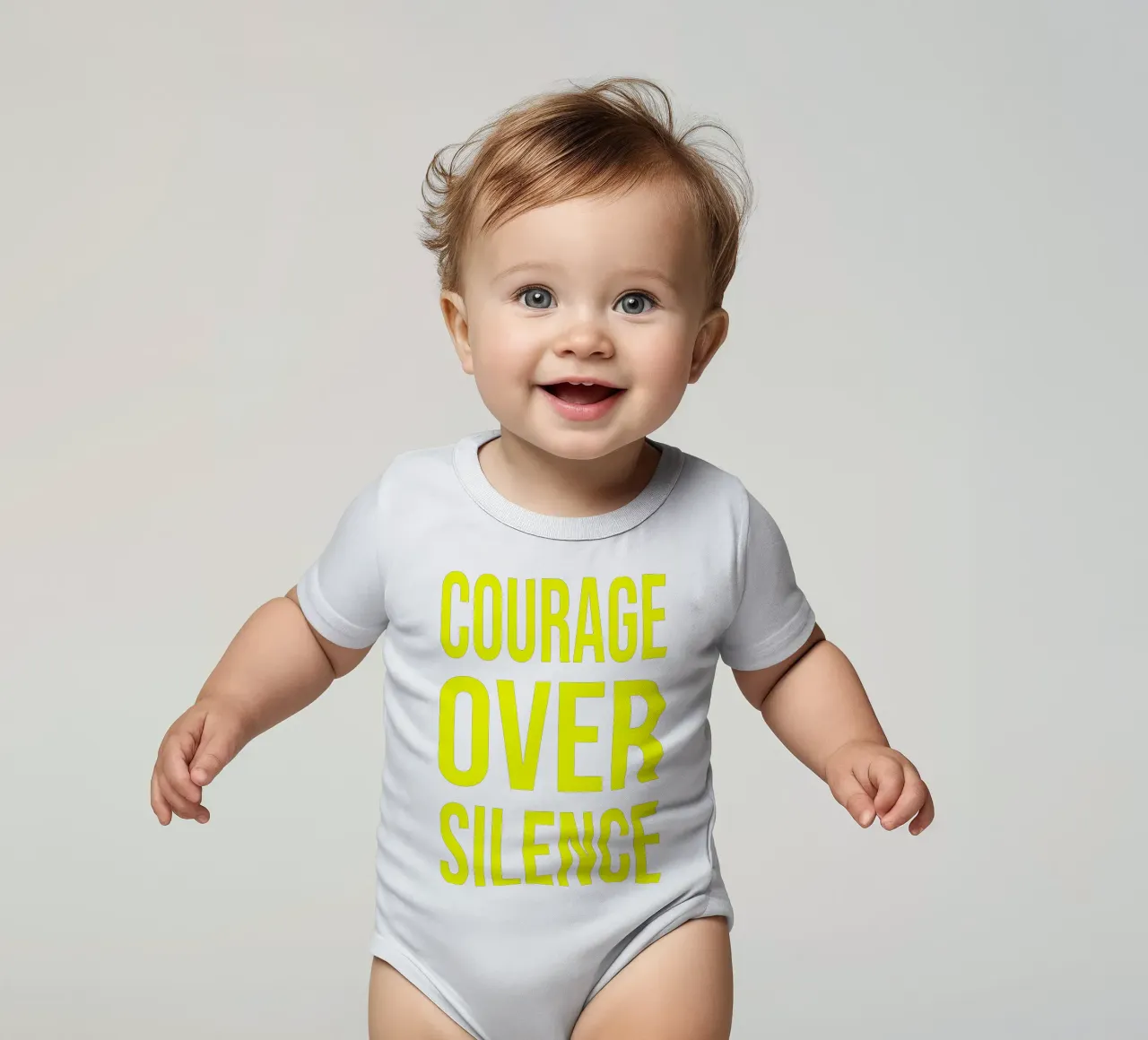 OVER series- bold letters, brave values (5 colors) body neonato maniche corte da FRICKE DESIGN