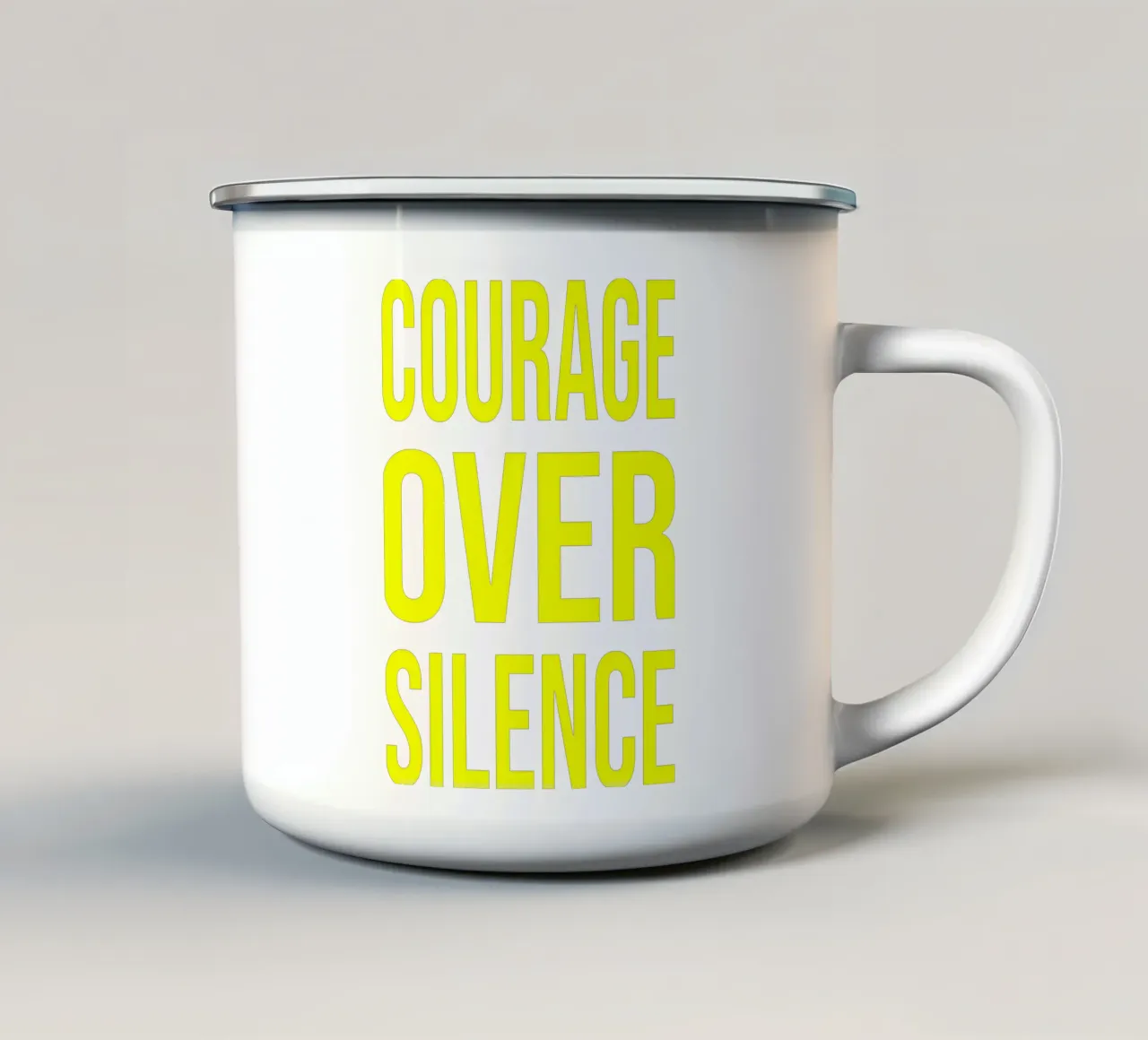 OVER series- bold letters, brave values (5 colors) emaille mok van FRICKE DESIGN