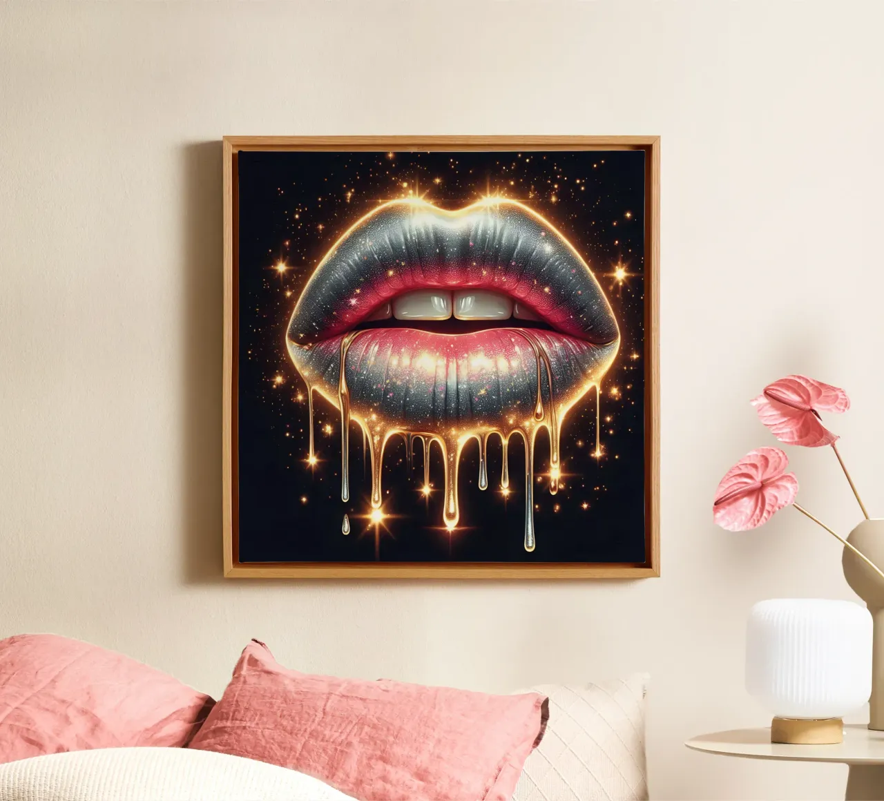 LIPPEN IN VLOEIBAAR GOUD canvas met Baklijst van ARTOMATIC