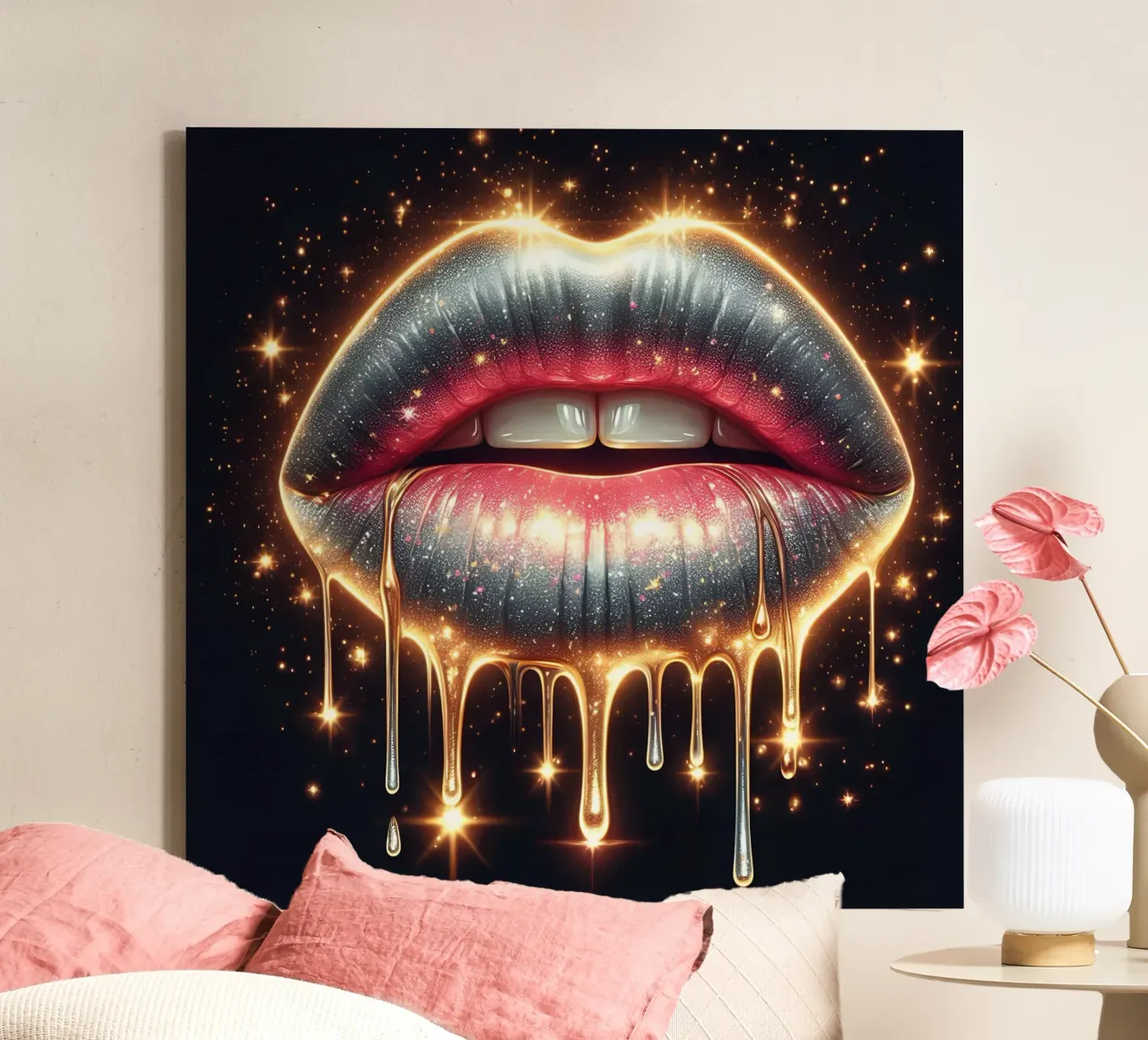 LIPPEN IN VLOEIBAAR GOUD canvas met Baklijst van ARTOMATIC