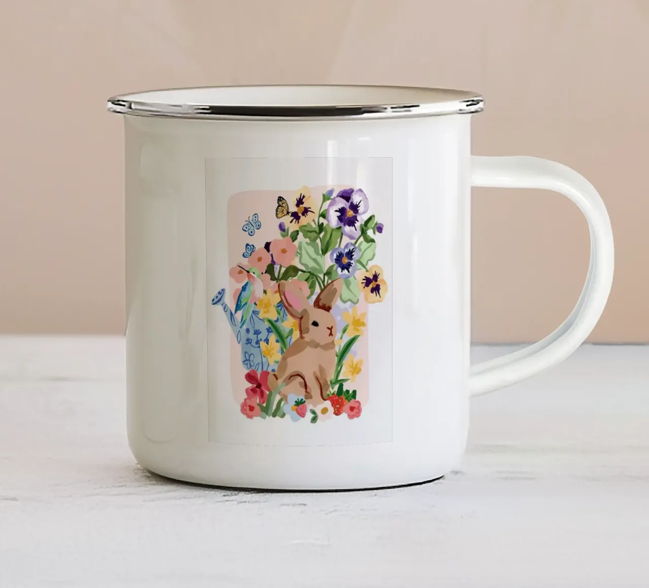 Coniglio e colibrì Primavera floreale tazza in smalto da janna shop
