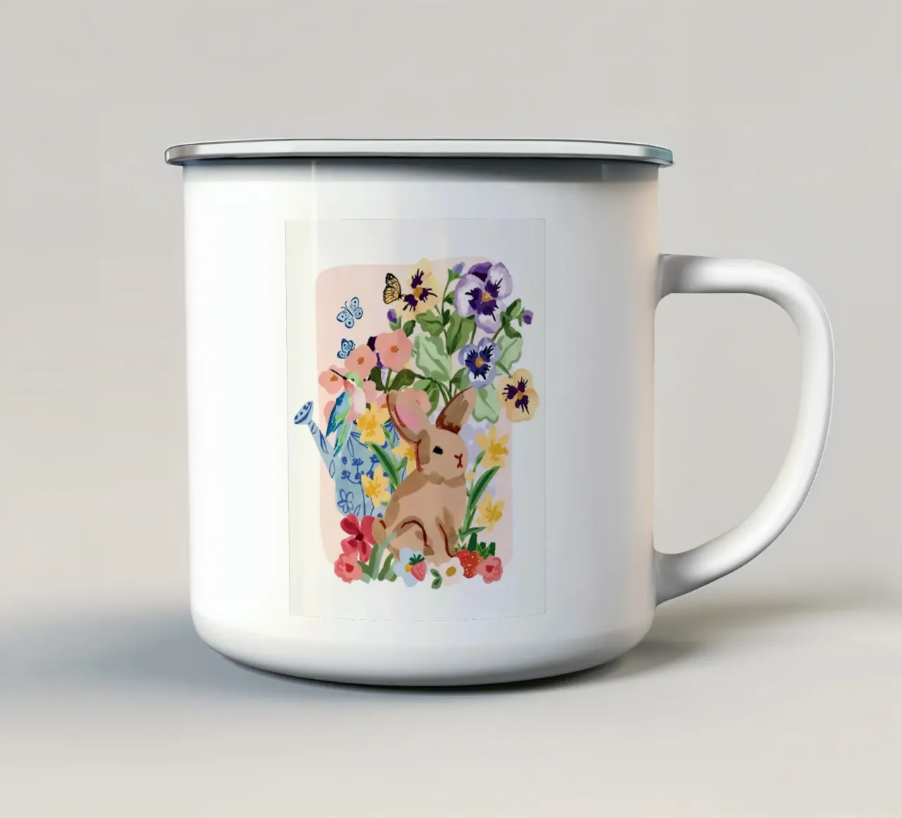 Coniglio e colibrì Primavera floreale tazza in smalto da janna shop