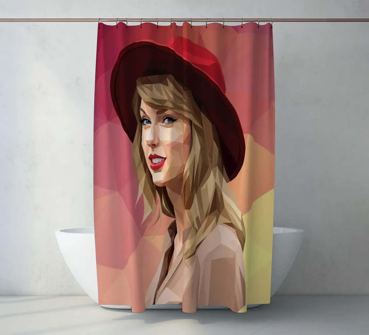 Taylor Swift mit rotem Hut Low Poly Duschvorhang von Low Profile