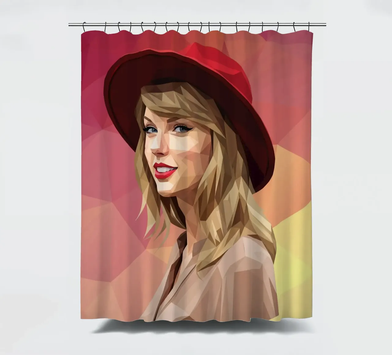 Taylor Swift mit rotem Hut Low Poly Duschvorhang von Low Profile