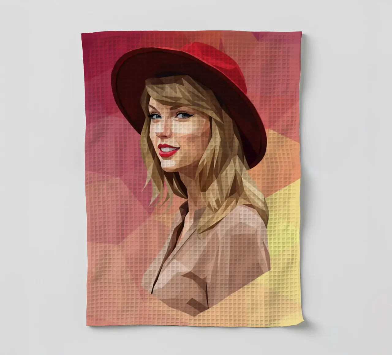 Taylor Swift mit rotem Hut Low Poly Geschirrtuch von Low Profile