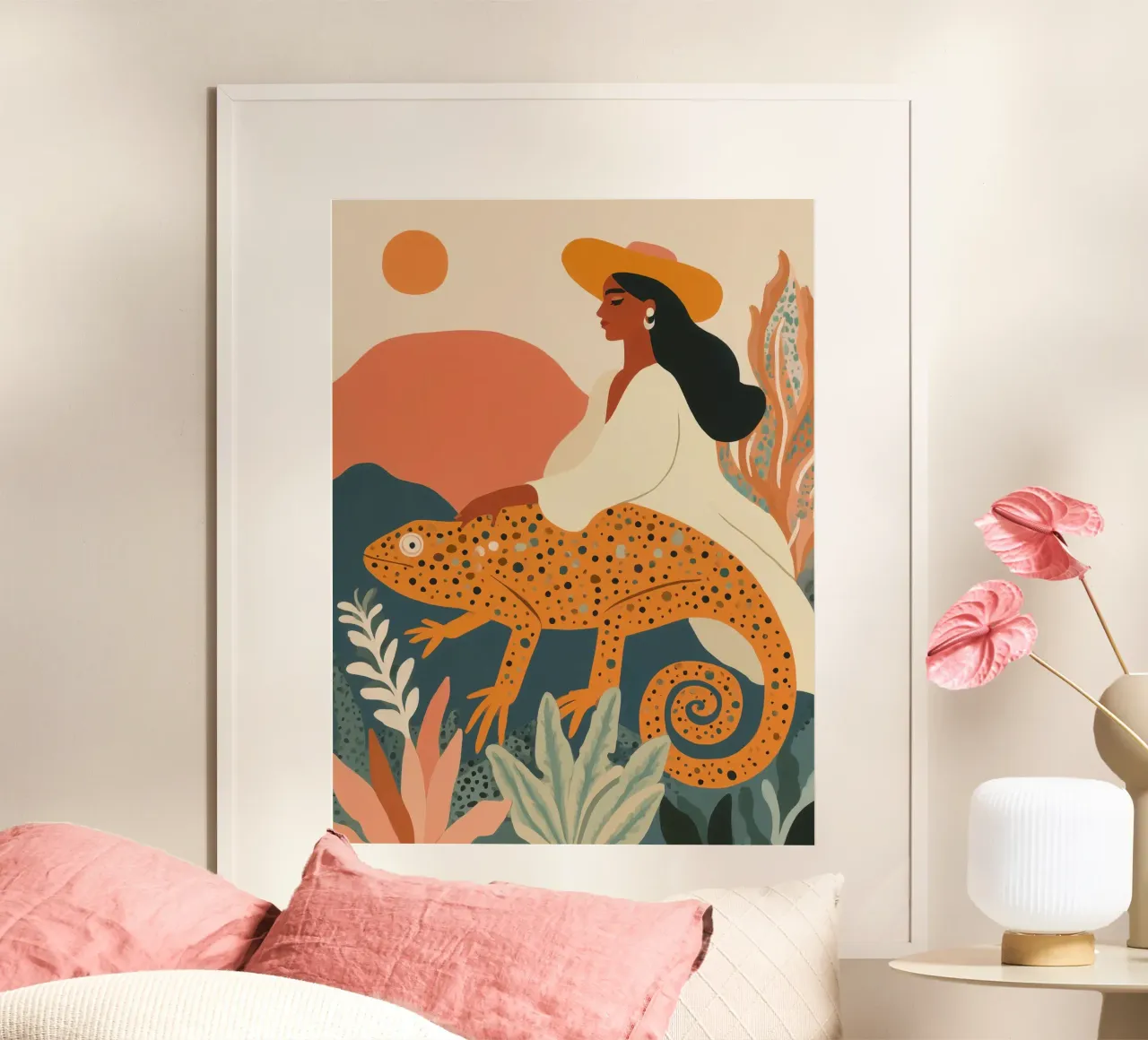 Donna camaleonte in viaggio | Pittura naif carta hahnemühle da Autofocus