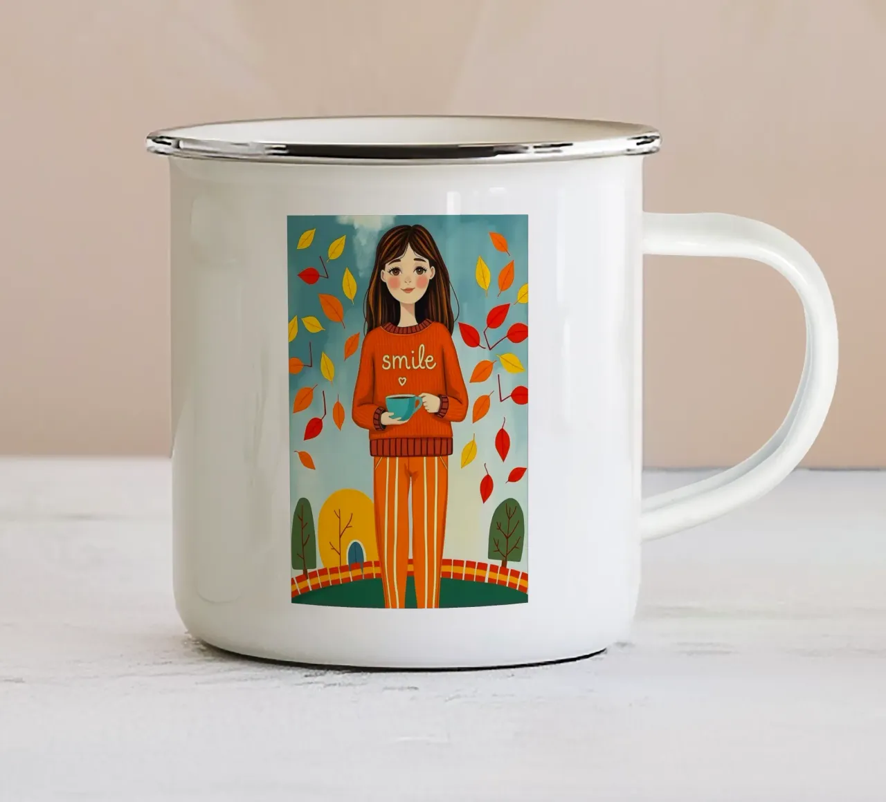 Ragazza d'autunno tazza in smalto da ARTOMATIC